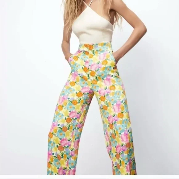 Zara Spring Color Floral Satin Wide Leg Pants - Picture 1 of 11